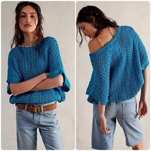 NEW Size Small Free People We The Free Sophia Crochet Sweater Tee Ocean Blue